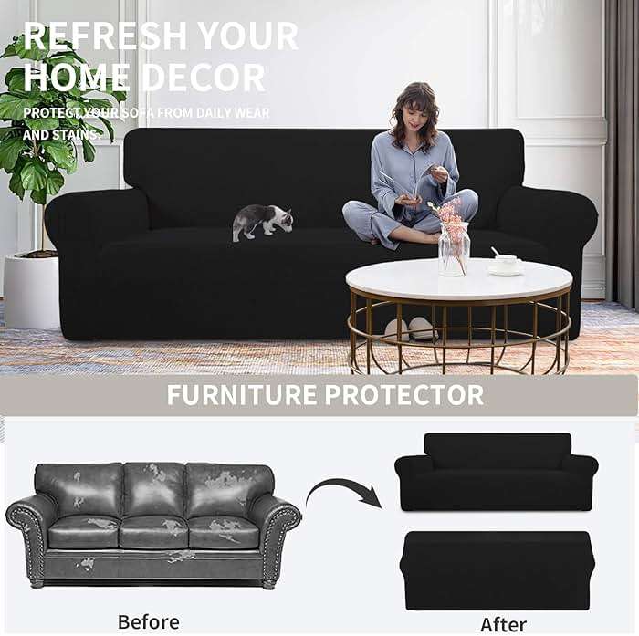 Easy-Going Stretch Loveseat Slipcover 1-Piece Sofa Cover Furniture Protector Couch Soft with Elastic Bottom for Kids Polyester Spandex Jacquard Fabric Small Checks (Loveseat, Black) - Image 5