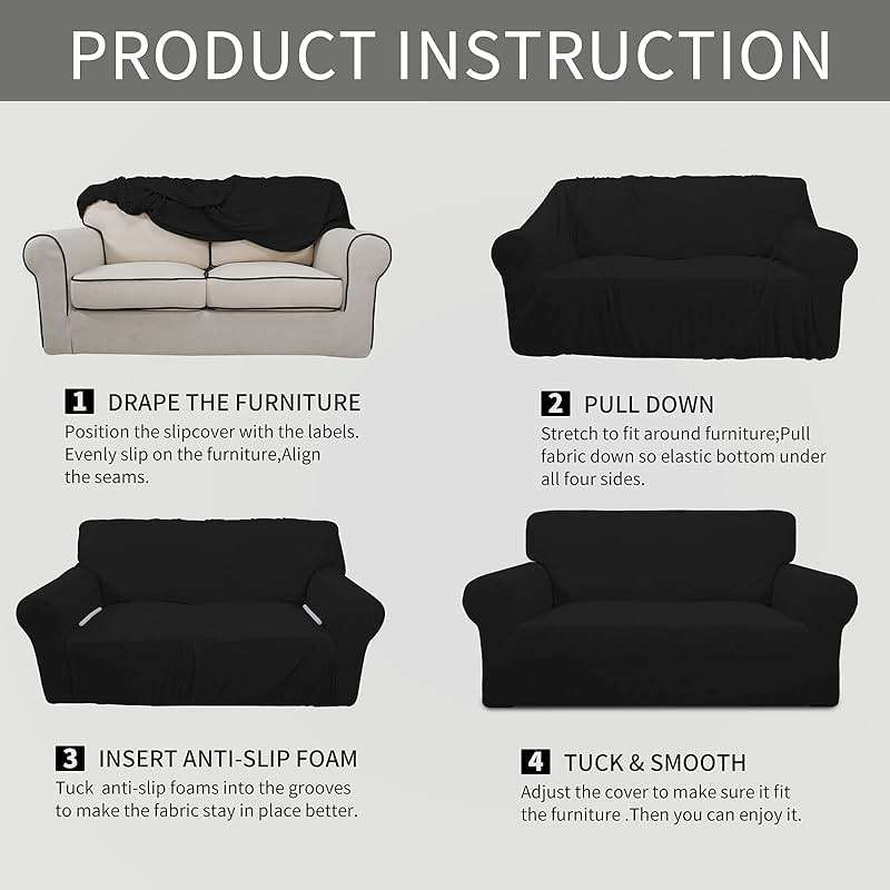 Easy-Going Stretch Loveseat Slipcover 1-Piece Sofa Cover Furniture Protector Couch Soft with Elastic Bottom for Kids Polyester Spandex Jacquard Fabric Small Checks (Loveseat, Black) - Image 8