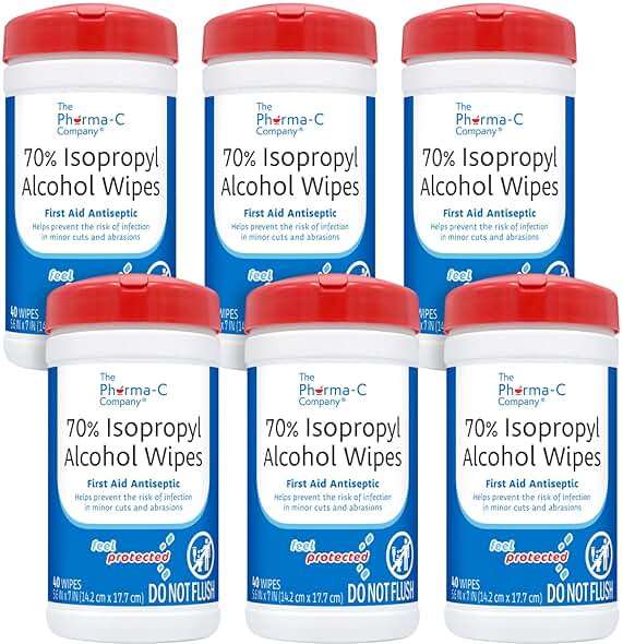 The Pharma-C Company -70% Isopropyl Alcohol Wipes [6 pack - 40ct Canisters] - Bulk IPA First Aid Antiseptic Wound Cleaner with Moisture Lock Lid. For minor cuts, scrapes, and burns. - Image 1