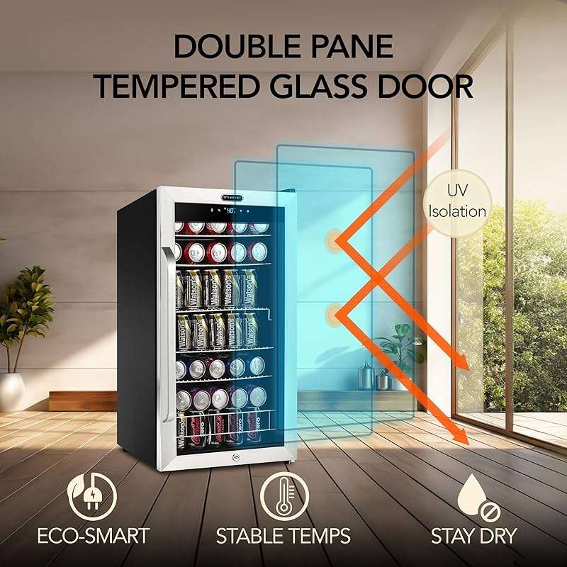Whynter Beverage Refrigerator with Double-Layer Glass Door, 136-Can 3.4 Cu. Ft. Drink Mini Fridge with Lock & Digital Control, BR-1211DS, Stainless Steel - Image 9