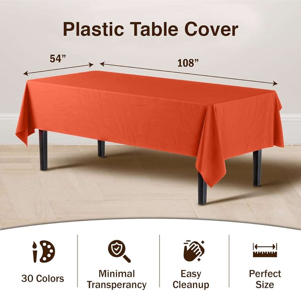 Exquisite Party Solids 6-Pack Premium Plastic Tablecloth 54in. x 108in. Rectangle Plastic Table Cover - Orange - Image 2