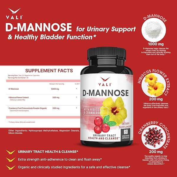 VALI D-Mannose 1000mg Urinary Tract Health Formula. Organic Cranberry Fruit Powder & Hibiscus. Healthy Bladder, Natural Cleanse, Fast Detox Flush, Herbal UT Function Support Pills. 60 Veggie Capsules - Image 2