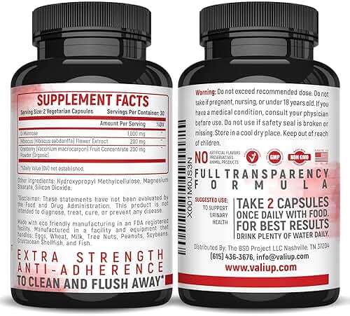VALI D-Mannose 1000mg Urinary Tract Health Formula. Organic Cranberry Fruit Powder & Hibiscus. Healthy Bladder, Natural Cleanse, Fast Detox Flush, Herbal UT Function Support Pills. 60 Veggie Capsules - Image 8