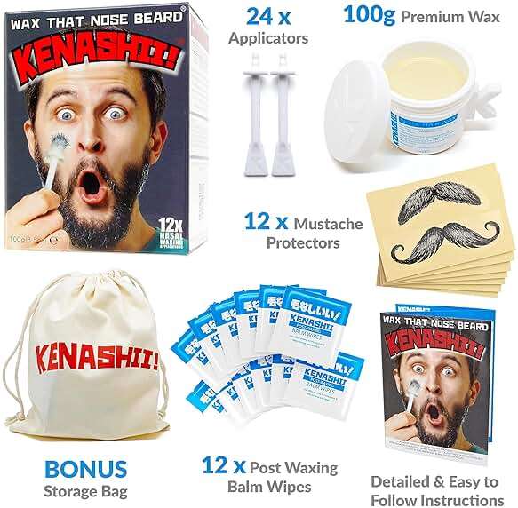 KENASHII Nose Wax Kit | 100 g Wax, 24 Applicators | The Original & Best Nose and Ear Hair Removal Kit from Kenashii | Nasal Waxing For Men and Women | Includes Balm Wipes, Mustache Guards, Storage Bag - Image 5