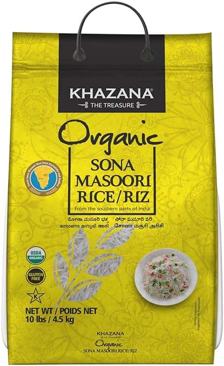 Organic Sona Masoori Rice by Khazana in 10 lb Bag - Aromatic and Flavorful Indian Grain - Non-GMO, Gluten Free, Kosher, Cholesterol Free - Image 1