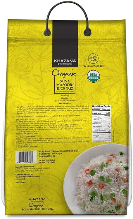 Organic Sona Masoori Rice by Khazana in 10 lb Bag - Aromatic and Flavorful Indian Grain - Non-GMO, Gluten Free, Kosher, Cholesterol Free - Image 3