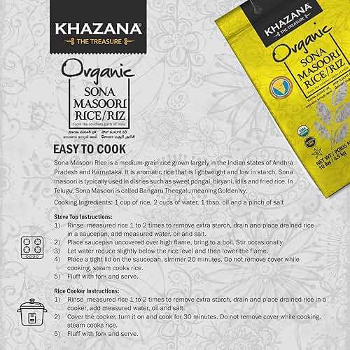 Organic Sona Masoori Rice by Khazana in 10 lb Bag - Aromatic and Flavorful Indian Grain - Non-GMO, Gluten Free, Kosher, Cholesterol Free - Image 5