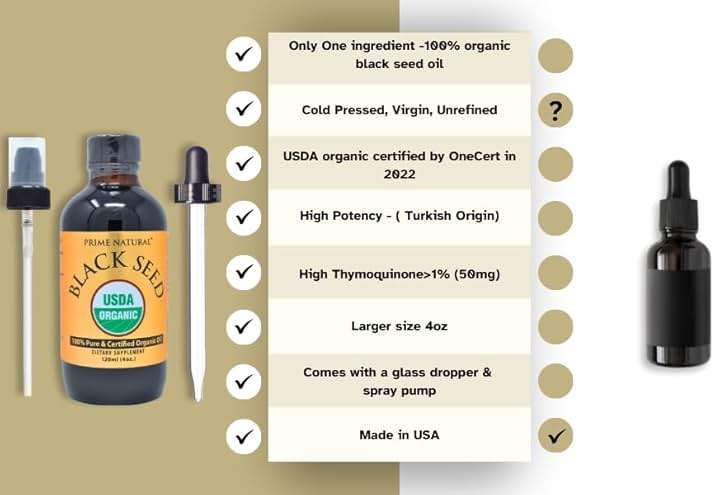 Prime Natural Organic Black Seed Oil 4oz - Cold Pressed Unrefined High Thymoquinone 1.7% USDA Certified - Turkish Origin Potent Nigella Sativa Liquid - Vegan Omega 3 6 9, Antioxidant - Image 5