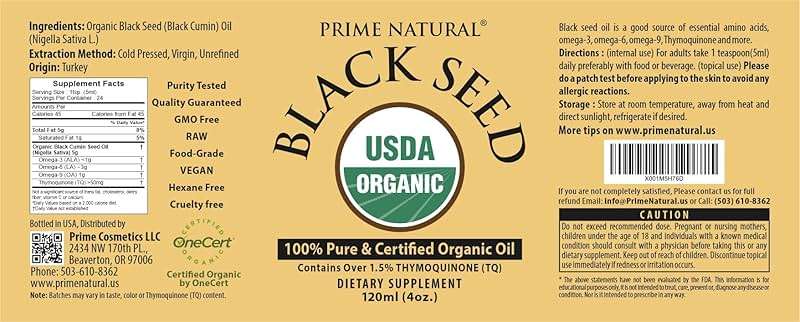 Prime Natural Organic Black Seed Oil 4oz - Cold Pressed Unrefined High Thymoquinone 1.7% USDA Certified - Turkish Origin Potent Nigella Sativa Liquid - Vegan Omega 3 6 9, Antioxidant - Image 8