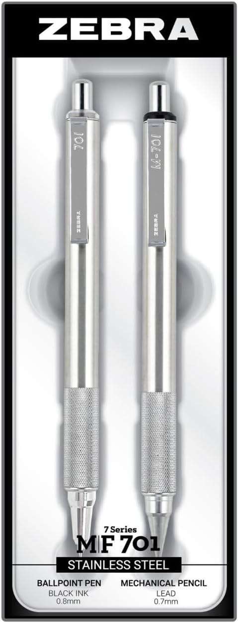 Zebra Pen M/F 701 Stainless Steel Mechanical Pencil and Ballpoint Pen Set, Fine Point, HB Lead and Black Ink, Ideal for Tactical Use, 2-Pack Gift Set (10519) - Image 1