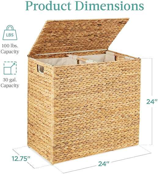 Best Choice Products Large Double Laundry Hamper with Lid, Natural Handwoven Water Hyacinth, 2 Sections w/ 2 Machine Washable Linen Liner Bags, Portable, Handles - Natural - Image 2