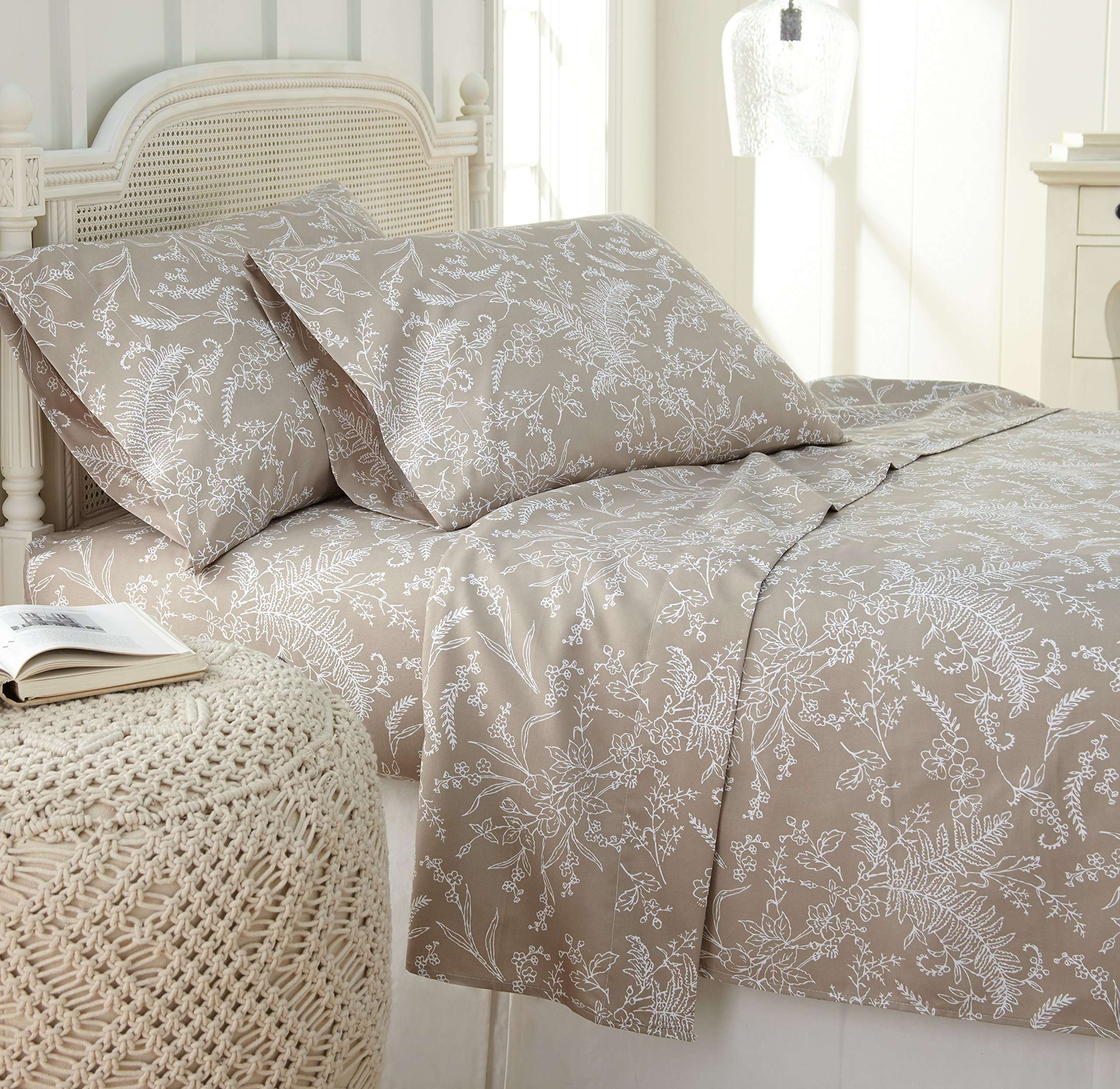 Southshore Fine Living, Inc. Winter Brush Floral Sheets, 4-Piece, 15 Inch Boho Sheets King Size, Deep Pocket King Sheet Set, Pet Hair Resistant, Botanical Sheet Set - Warm Sand, White Flowers - Image 1