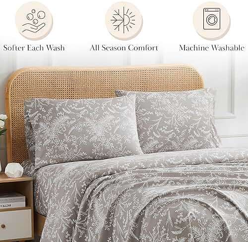 Southshore Fine Living, Inc. Winter Brush Floral Sheets, 4-Piece, 15 Inch Boho Sheets King Size, Deep Pocket King Sheet Set, Pet Hair Resistant, Botanical Sheet Set - Warm Sand, White Flowers - Image 3