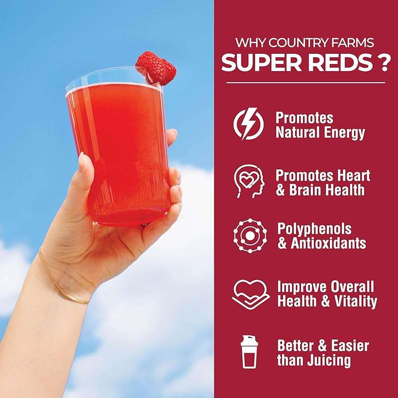 COUNTRY FARMS Super Reds, Energizing Polyphenol Superfood, 48 Super Fruits and Berries, Powerful Antioxidants and Polyphenols, Supports Energy, 20 Servings, Mixed Berry Flavor - Image 4