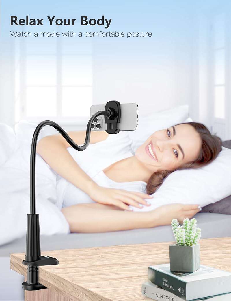 Tryone Gooseneck Phone Holder Hands-Free for Phone Viewing Or Recording, Adjustable Stable Metal Cell Stand Mount for Desk Table Bed, Soporte para Celular, Fits 4-7 Phones Including iPhone - Black - Image 2