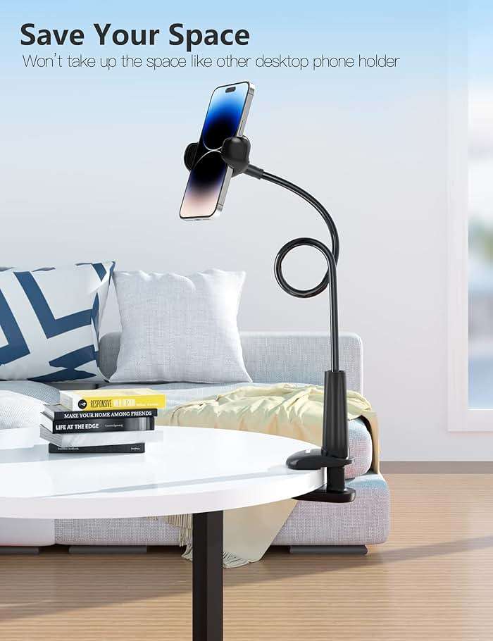 Tryone Gooseneck Phone Holder Hands-Free for Phone Viewing Or Recording, Adjustable Stable Metal Cell Stand Mount for Desk Table Bed, Soporte para Celular, Fits 4-7 Phones Including iPhone - Black - Image 4