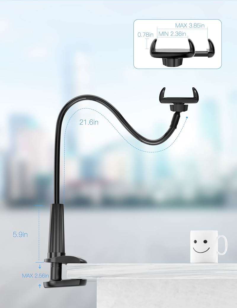 Tryone Gooseneck Phone Holder Hands-Free for Phone Viewing Or Recording, Adjustable Stable Metal Cell Stand Mount for Desk Table Bed, Soporte para Celular, Fits 4-7 Phones Including iPhone - Black - Image 5