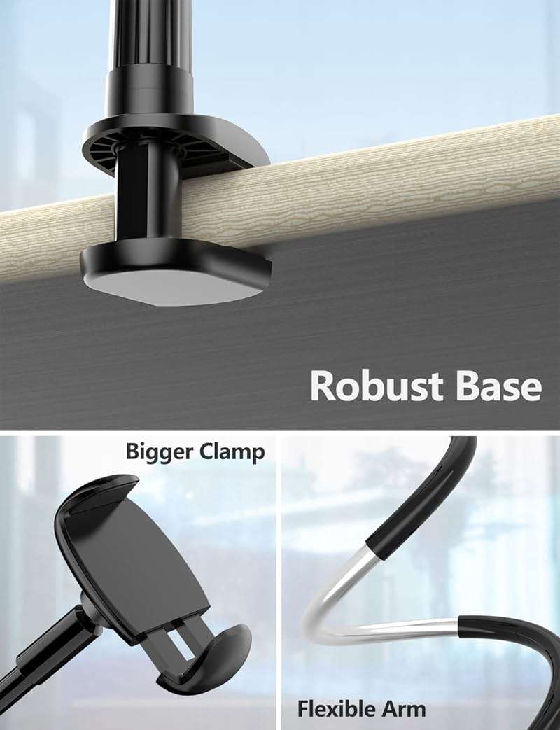 Tryone Gooseneck Phone Holder Hands-Free for Phone Viewing Or Recording, Adjustable Stable Metal Cell Stand Mount for Desk Table Bed, Soporte para Celular, Fits 4-7 Phones Including iPhone - Black - Image 6