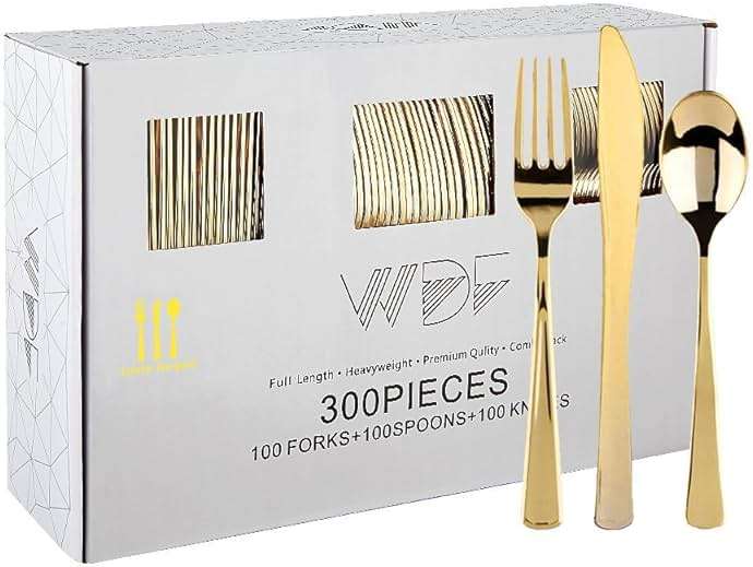 WDF300 Pieces Gold Plastic Silverware - Heavy Duty Disposable Cutlery Set Plastic Gold Silverware Set Includes 100 Forks, 100 Spoons, 100 Knives for Party Baby Shower Wedding Spring - Image 1