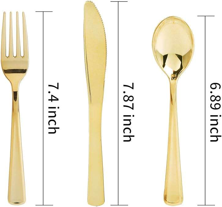 WDF300 Pieces Gold Plastic Silverware - Heavy Duty Disposable Cutlery Set Plastic Gold Silverware Set Includes 100 Forks, 100 Spoons, 100 Knives for Party Baby Shower Wedding Spring - Image 3