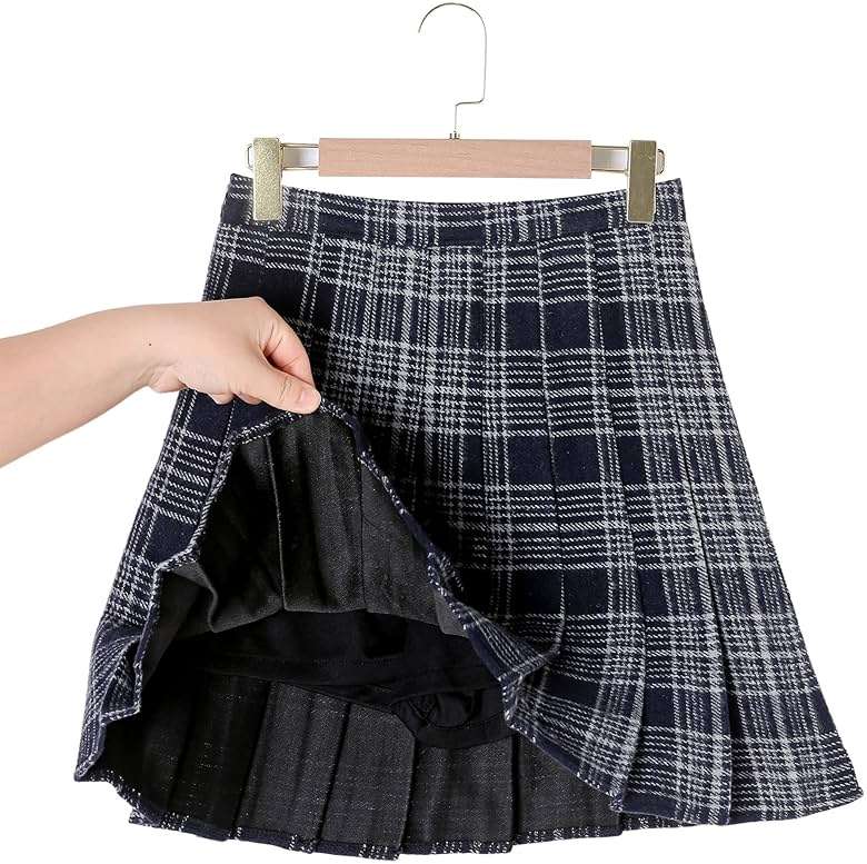 Hoerev Women Girls Thick Wool Fabric for Cold Weather Versatile Plaid Pleated Skirt with Shorts - Image 3