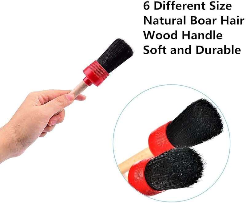 Nurkul 11Pcs Auto Detailing Set, Boar Hair Brushes, Steel Wire & A/C Brushes, Red, Soft Bristles, Wood Handles for Cleaning Interior, Exterior, Leather, 6 Sizes - Image 3