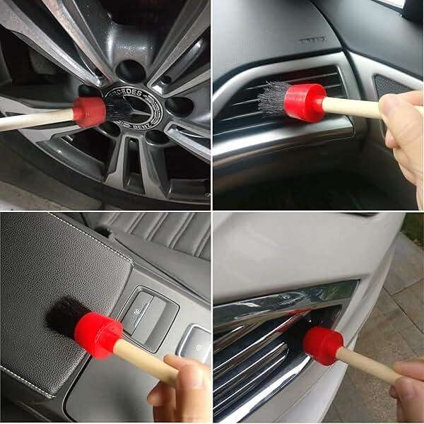 Nurkul 11Pcs Auto Detailing Set, Boar Hair Brushes, Steel Wire & A/C Brushes, Red, Soft Bristles, Wood Handles for Cleaning Interior, Exterior, Leather, 6 Sizes - Image 5