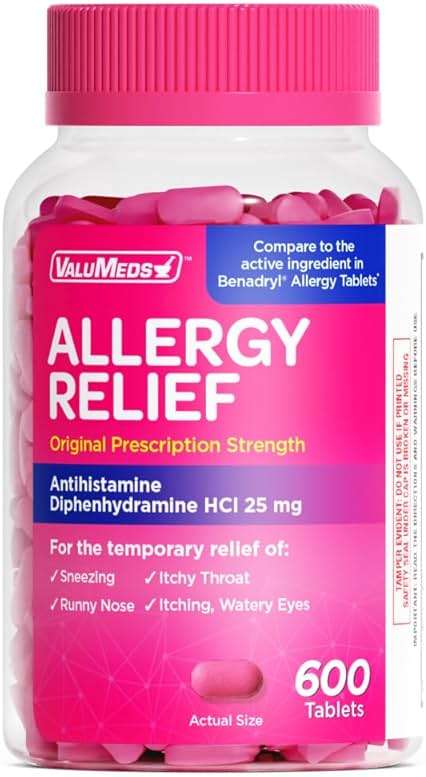 ValuMeds Allergy Medicine Antihistamine, Diphenhydramine HCl 25 mg | Children and Adults | Relieve Itchy Eyes, Runny Nose, Sneezing (25 mg, 600 Count) - Image 1