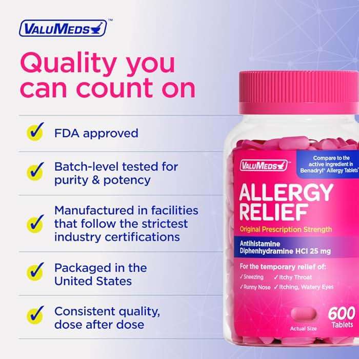ValuMeds Allergy Medicine Antihistamine, Diphenhydramine HCl 25 mg | Children and Adults | Relieve Itchy Eyes, Runny Nose, Sneezing (25 mg, 600 Count) - Image 6