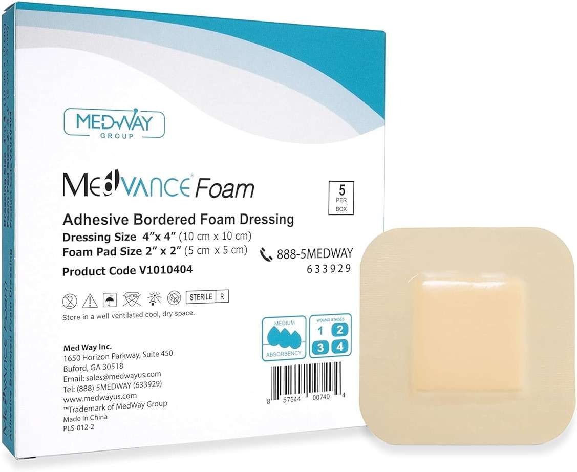 MedVance TM Foam – Bordered Adhesive Hydrophilic Foam Dressing 4"x4" (2"x2" Pad) Box of 5 dressings - Image 1