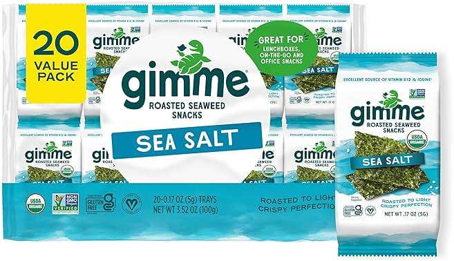 Gimme Seaweed Organic Premium Roasted Seaweed Snacks, Sea Salt, 20 Count, Keto, Vegan, Gluten-Free, Great Source of Omega3s and Iodine, Healthy On-The-Go Snack for Kids and Adults - Image 1
