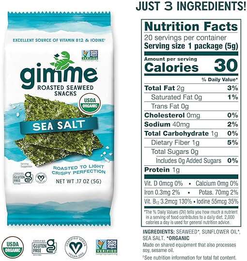 Gimme Seaweed Organic Premium Roasted Seaweed Snacks, Sea Salt, 20 Count, Keto, Vegan, Gluten-Free, Great Source of Omega3s and Iodine, Healthy On-The-Go Snack for Kids and Adults - Image 2