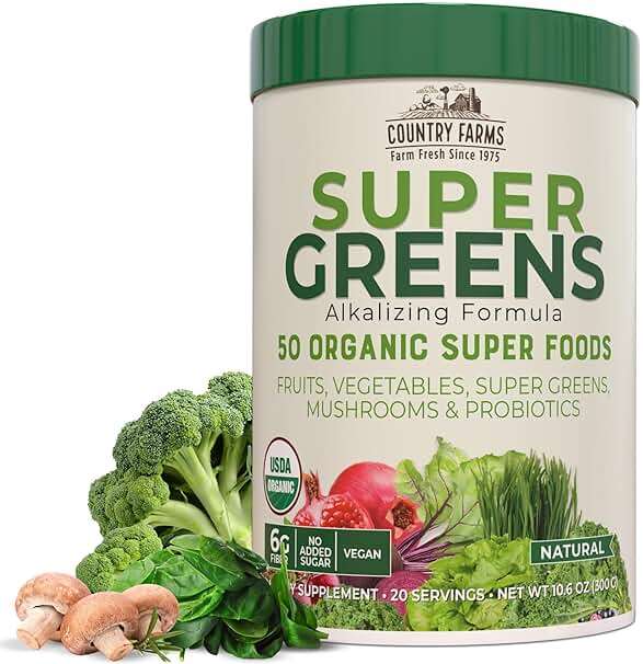 Country Farms Super Greens Natural Flavor, 50 Organic Super Foods, USDA Organic Drink Mix, Fruits, Vegetables, Super Greens, Mushrooms & Probiotics, Supports Energy, 20 Servings, 10.6 Oz - Image 1