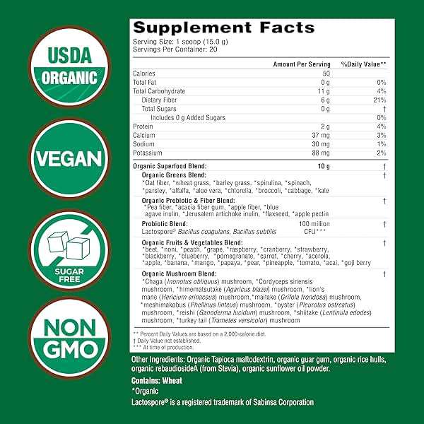 Country Farms Super Greens Natural Flavor, 50 Organic Super Foods, USDA Organic Drink Mix, Fruits, Vegetables, Super Greens, Mushrooms & Probiotics, Supports Energy, 20 Servings, 10.6 Oz - Image 2