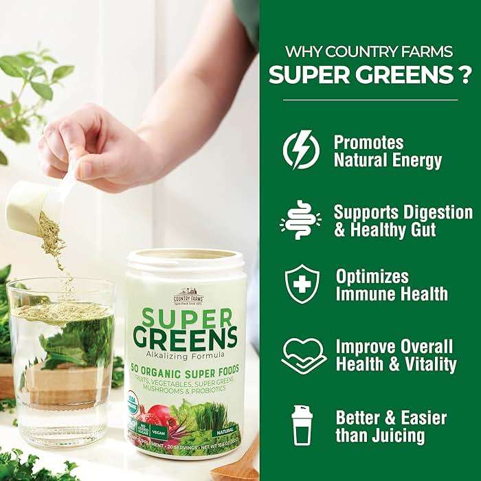 Country Farms Super Greens Natural Flavor, 50 Organic Super Foods, USDA Organic Drink Mix, Fruits, Vegetables, Super Greens, Mushrooms & Probiotics, Supports Energy, 20 Servings, 10.6 Oz - Image 4