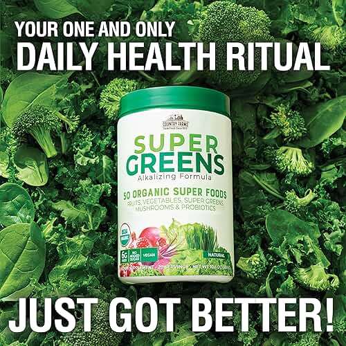 Country Farms Super Greens Natural Flavor, 50 Organic Super Foods, USDA Organic Drink Mix, Fruits, Vegetables, Super Greens, Mushrooms & Probiotics, Supports Energy, 20 Servings, 10.6 Oz - Image 5