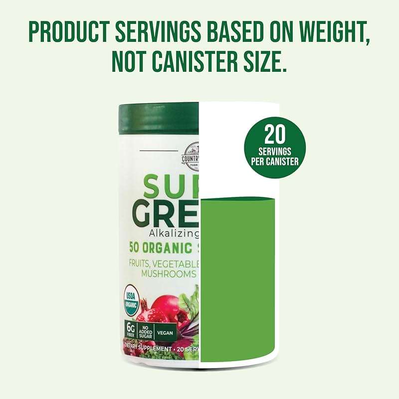 Country Farms Super Greens Natural Flavor, 50 Organic Super Foods, USDA Organic Drink Mix, Fruits, Vegetables, Super Greens, Mushrooms & Probiotics, Supports Energy, 20 Servings, 10.6 Oz - Image 7