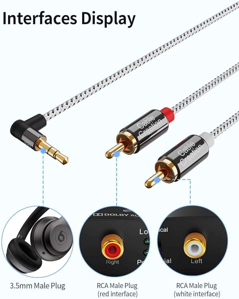 CableCreation 3.5mm to RCA Cable, Angle 3.5mm Male to 2RCA Male Auxiliary Stereo Audio Y Splitter Gold-Plated for Smartphones, MP3, Tablets, Speakers, Echo Dot, Home Theater, HDTV, 10FT/3M - Image 3