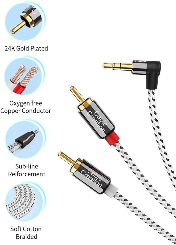 CableCreation 3.5mm to RCA Cable, Angle 3.5mm Male to 2RCA Male Auxiliary Stereo Audio Y Splitter Gold-Plated for Smartphones, MP3, Tablets, Speakers, Echo Dot, Home Theater, HDTV, 10FT/3M - Image 4
