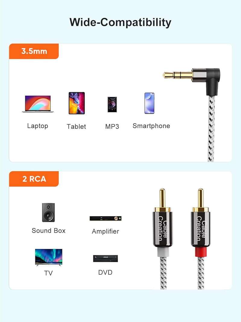 CableCreation 3.5mm to RCA Cable, Angle 3.5mm Male to 2RCA Male Auxiliary Stereo Audio Y Splitter Gold-Plated for Smartphones, MP3, Tablets, Speakers, Echo Dot, Home Theater, HDTV, 10FT/3M - Image 5
