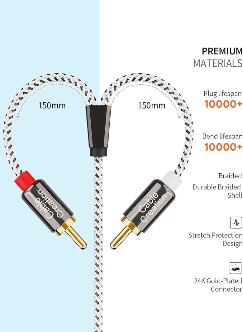CableCreation 3.5mm to RCA Cable, Angle 3.5mm Male to 2RCA Male Auxiliary Stereo Audio Y Splitter Gold-Plated for Smartphones, MP3, Tablets, Speakers, Echo Dot, Home Theater, HDTV, 10FT/3M - Image 6