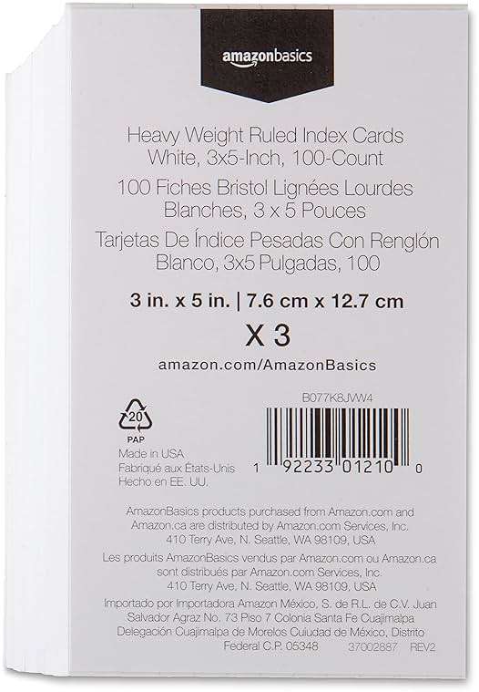 Amazon Basics Heavy Weight Ruled Index Cards for Studying and Note Taking, White, 3" x 5", 300 Count (Pack of 3) - Image 3
