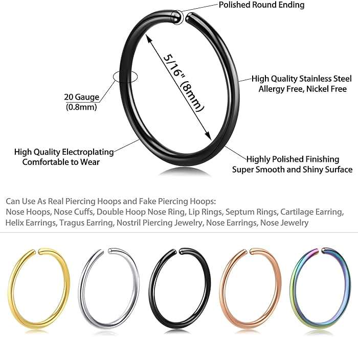 Velcare 1-16Pcs 16G 18G 20G 22G Nose Rings Hoops Nose Piercings Fake Nose Ring Fake Septum Nose Ring Fake Lip Rings Fake Septum Piercing Fake Nose Piercing Fake Nose Hoop Faux Nose Rings Clip On Nose Cuffs Nose Piercing Jewelry Nose Rings for Women Men Nose Hoops Cartilage Hoop Earring - Image 3
