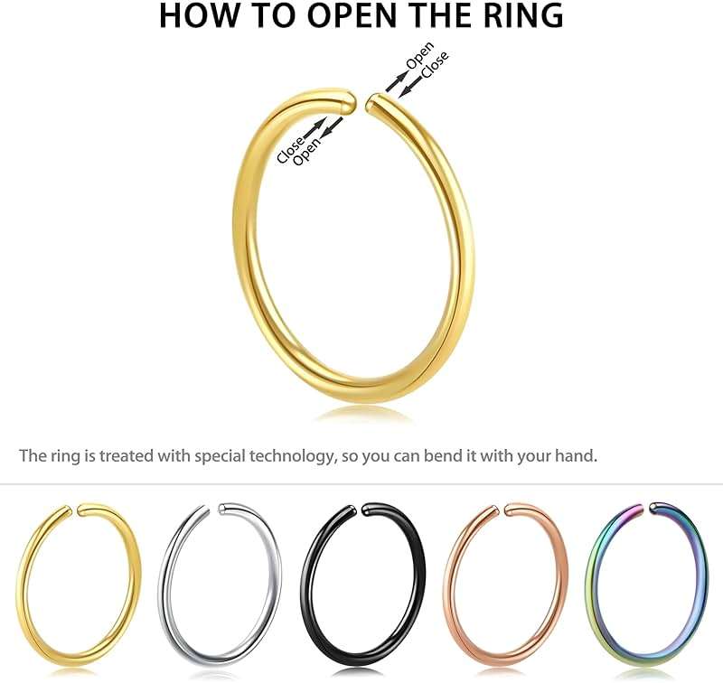 Velcare 1-16Pcs 16G 18G 20G 22G Nose Rings Hoops Nose Piercings Fake Nose Ring Fake Septum Nose Ring Fake Lip Rings Fake Septum Piercing Fake Nose Piercing Fake Nose Hoop Faux Nose Rings Clip On Nose Cuffs Nose Piercing Jewelry Nose Rings for Women Men Nose Hoops Cartilage Hoop Earring - Image 4