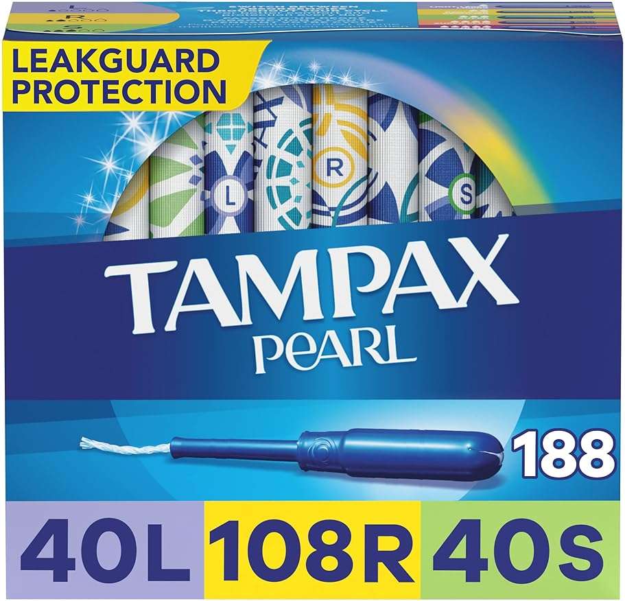 Tampax Pearl Plastic Tampons, Light/Regular/Super Absorbency Multipack, 188 Count, Unscented (47 Count, Pack of 4 - 188 Count Total) - Packaging May Vary - Image 1