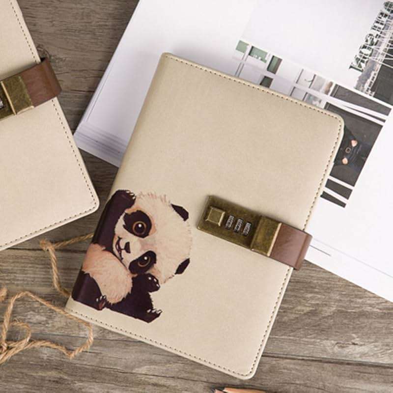 ToiM Cute Animal Theme PU Leather Journal Writing Notebook Daily Notepad with Combination Lock and Pen Holder, B6 Size Password Diary (Panda) - Image 2