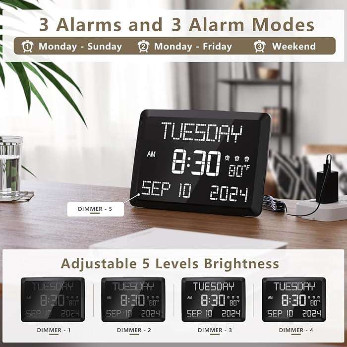 Raynic Digital Clock, 11.5" Large Display Calendar Clock with Day and Date, Indoor Temperature, Adjustable Brightness, Snooze,12/24H, DST for Home, Office, Elderly - Image 5