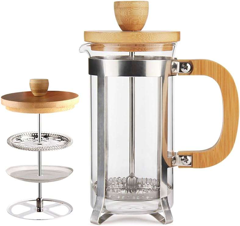 Sivaphe 12 oz French Press Coffee/Tea Maker Single Cup Espresso Press Stainless Steel Filter 0.35L High Borosilicate Carafe Durable Bamboo Handle Small Coffee Maker - Image 1