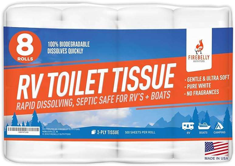 RV Toilet Paper, Septic Tank Safe-MADE IN THE USA- 8 Rolls,2-Ply 500 Sheets - Fast Dissolve Bath Tissue for Camping, Marine, RV Holding Tanks, Biodegradable - Firebelly Outfitters - Image 1