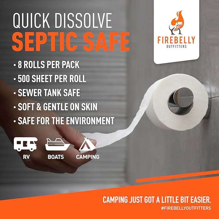 RV Toilet Paper, Septic Tank Safe-MADE IN THE USA- 8 Rolls,2-Ply 500 Sheets - Fast Dissolve Bath Tissue for Camping, Marine, RV Holding Tanks, Biodegradable - Firebelly Outfitters - Image 2
